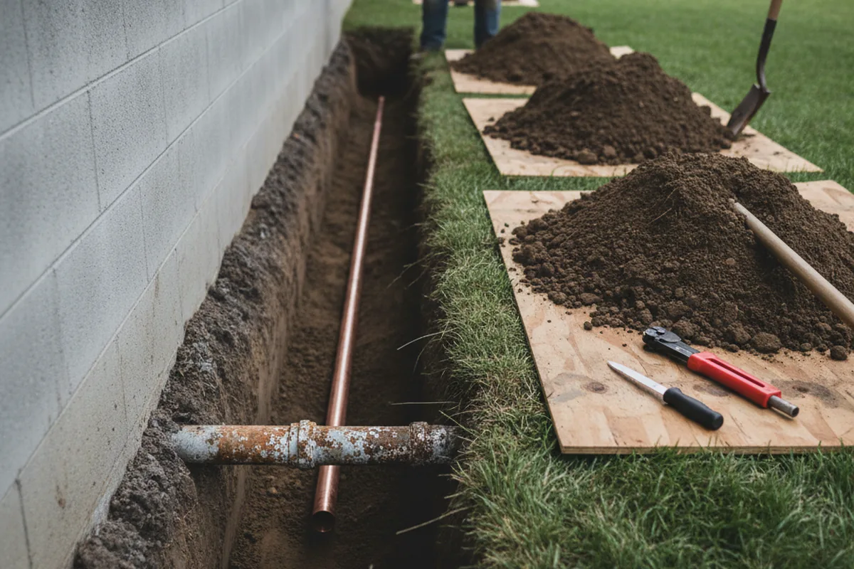 Excavated water line trench during Water Softener Installation in Liberty Hill
